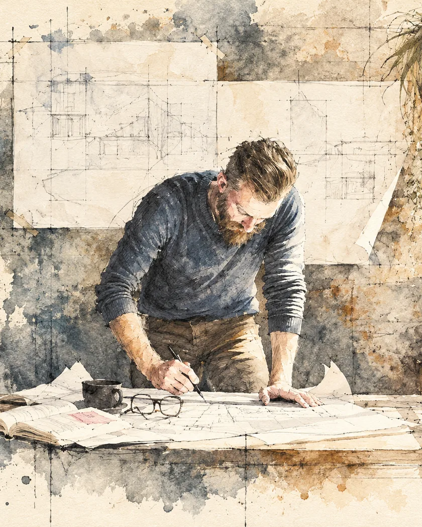 Watercolour and ink drawing of a man sketching plans at a drafting table, blueprints pinned to the wall behind him