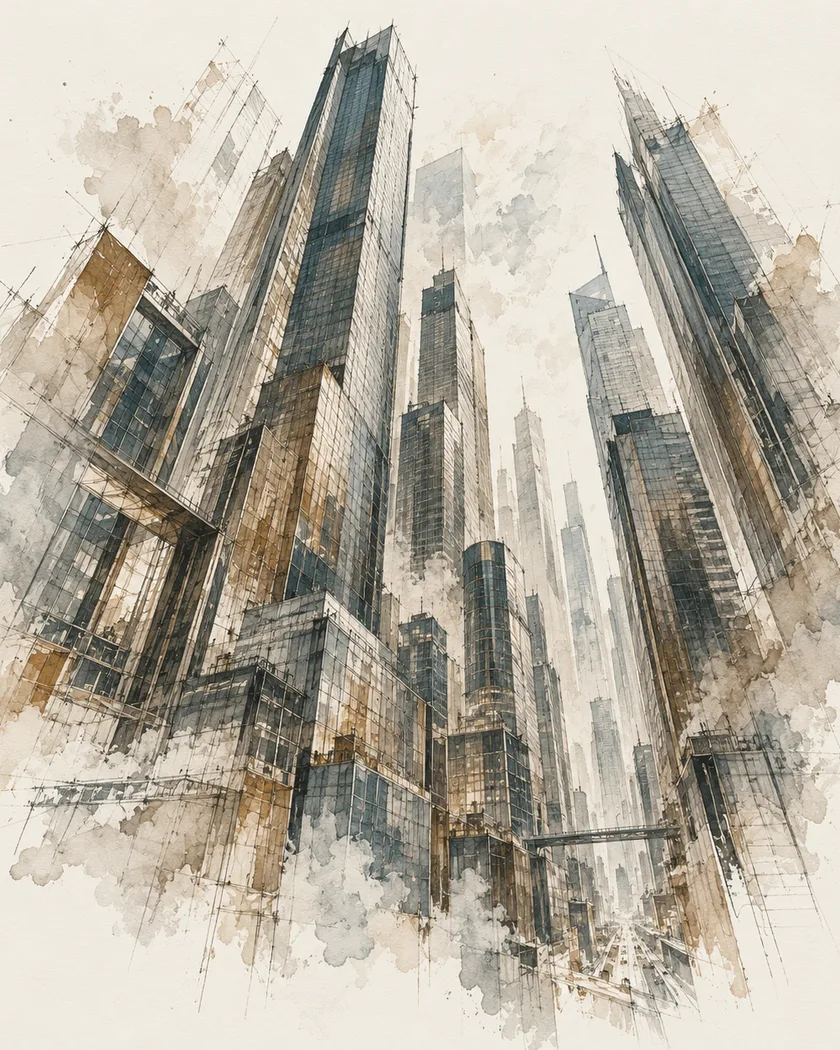 Watercolour and ink drawing of glass skyscrapers seen from street level