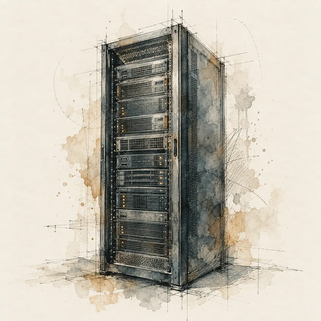 Watercolour and ink drawing of a server rack
